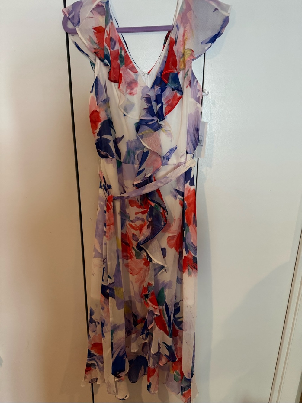 Harper Rose 14-Floral Ruffle V-Neck Midi Dress white with Multicolor Print-NWT
